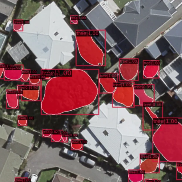 The same aerial image with every detected tree crown outlined and filled in red, each labelled with a confidence score