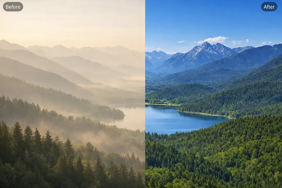 Illustration of dehazing: a hazy mountain valley on the left and the same kind of scene, clear, on the right