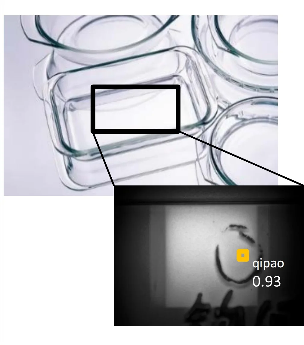 Glassware with an inset close-up of a detected bubble, confidence 0.93